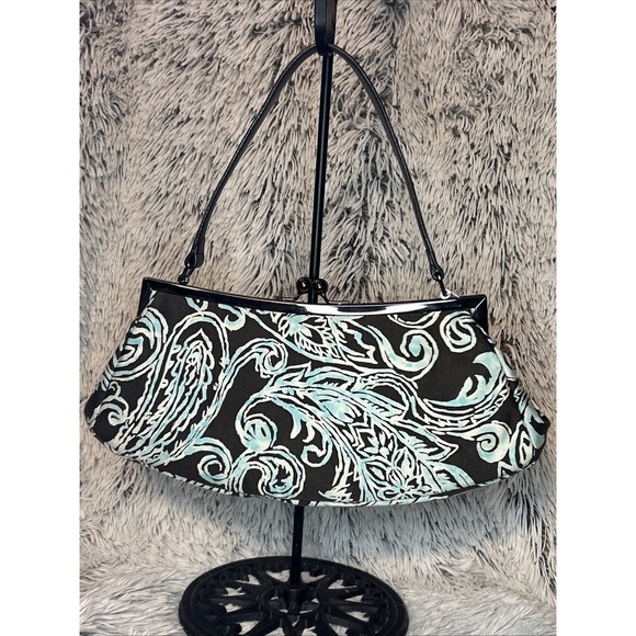 TALBOTS Kisslock Frame Shoulder Bag Brown Turquoise Paisley Print Silk Blend NWT - Picture 1 of 10